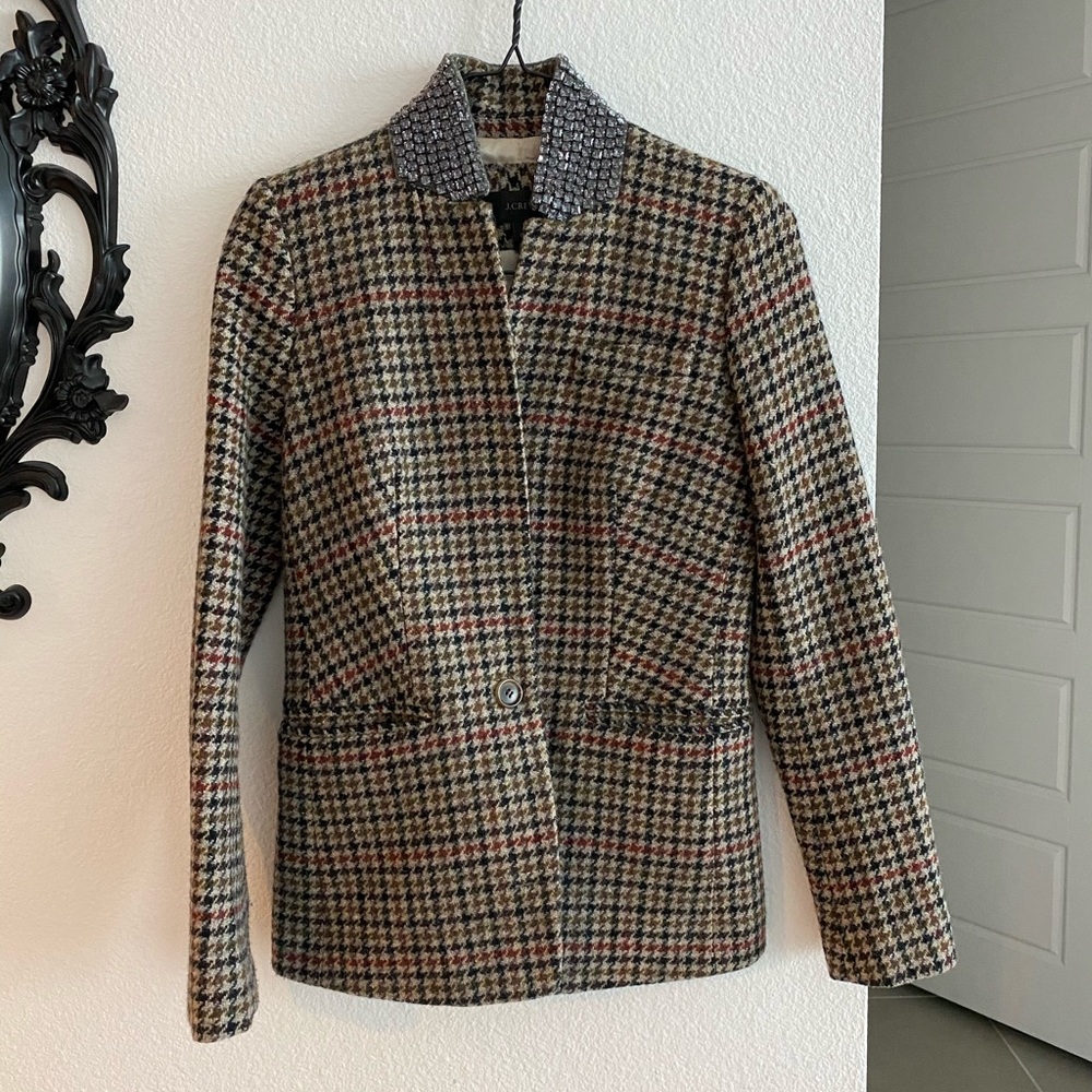 J.Crew tweed blazer with gemstone collar details